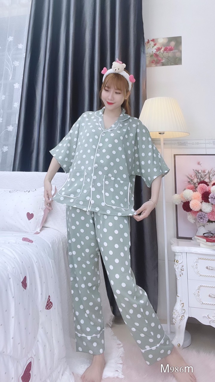 Đồ ngủ pijama tay ngắn quần dài xanh D1705