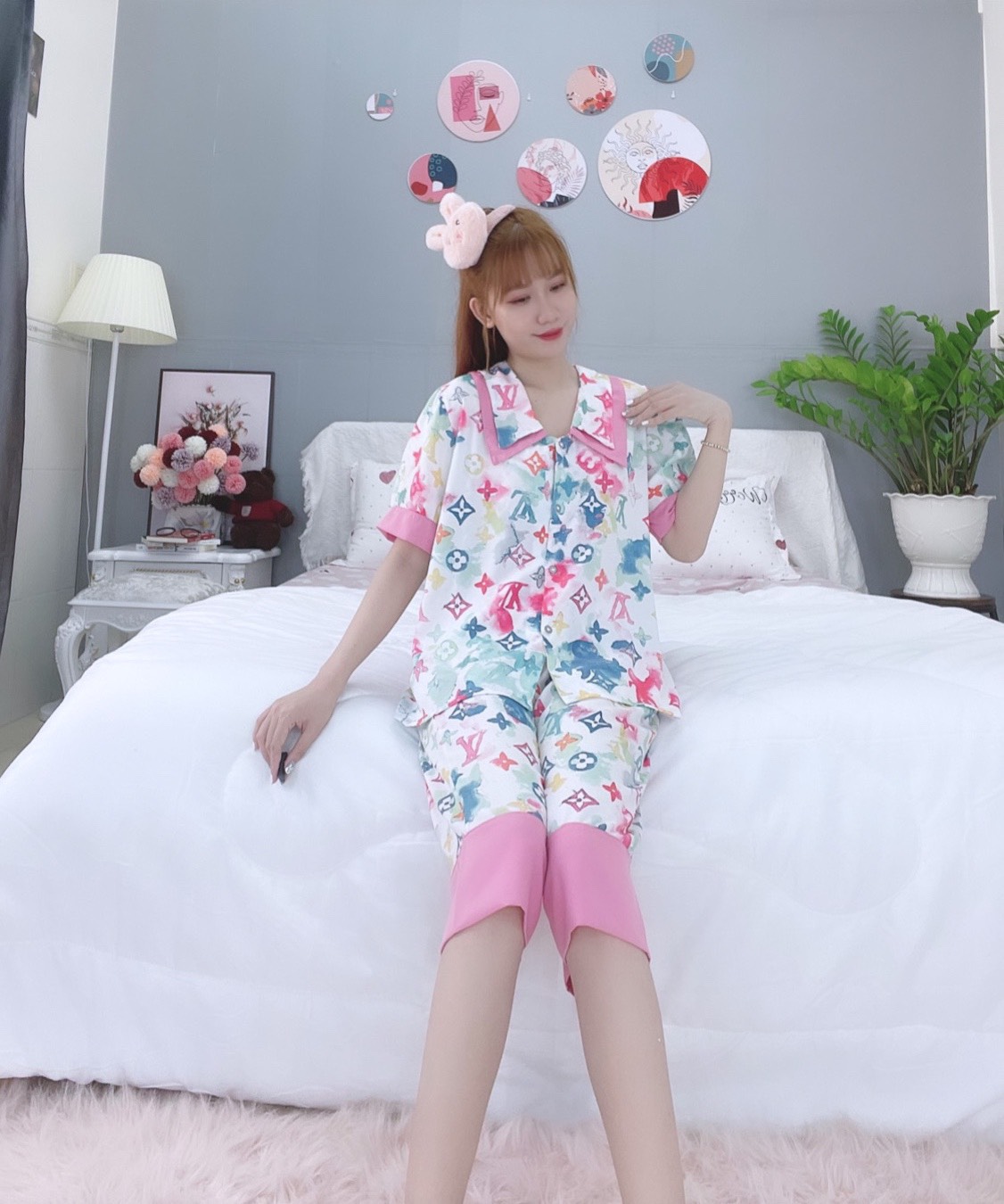 Đồ ngủ pijama lửng phối màu loang hồng D1709