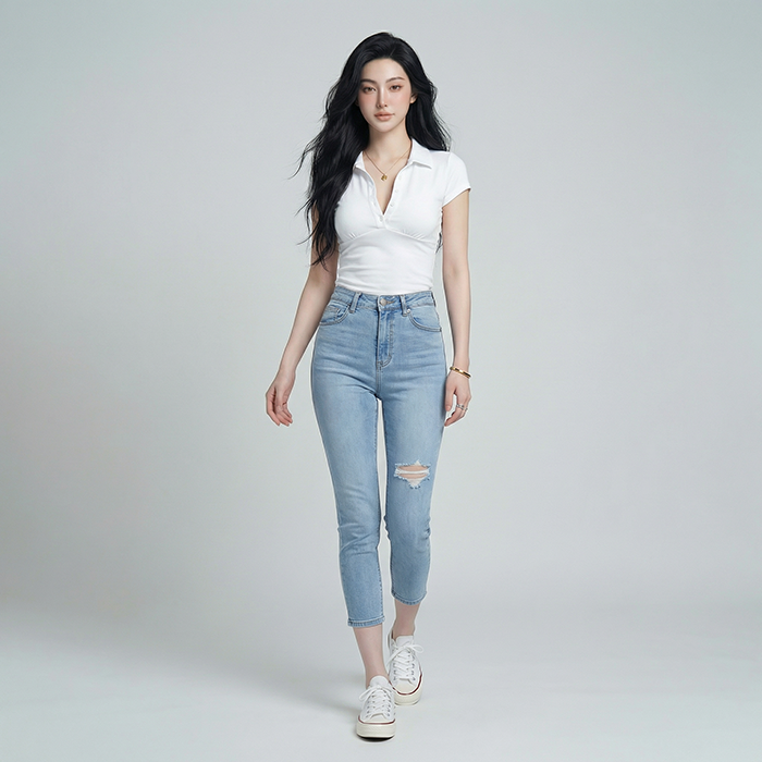 Quần jean nữ skinny LOREN lửng rách gối B51042