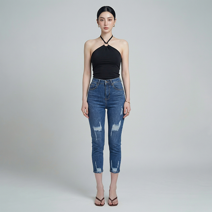 Quần jean nữ skinny LOREN lửng wash rách ống B51043