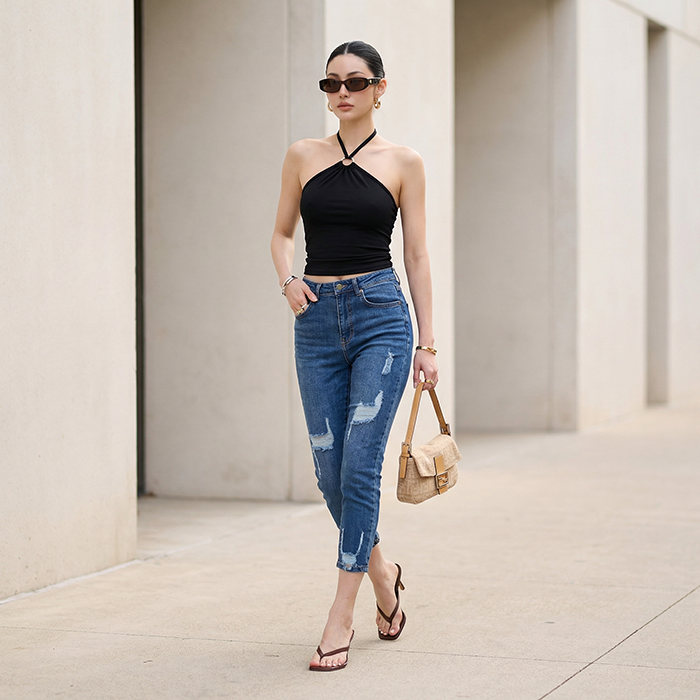 Quần jean nữ skinny LOREN lửng wash rách ống B51043