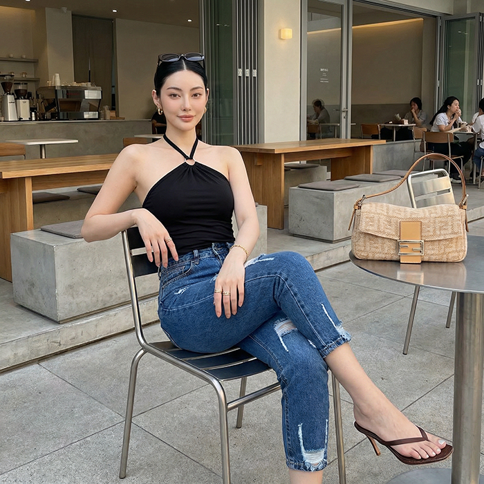 Quần jean nữ skinny LOREN lửng wash rách ống B51043