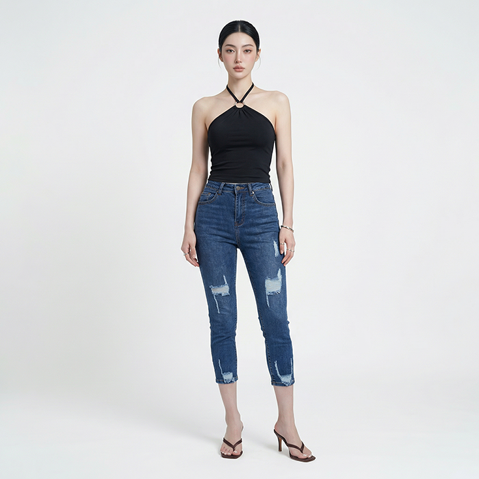 Quần jean nữ skinny LOREN lửng wash rách ống B51043