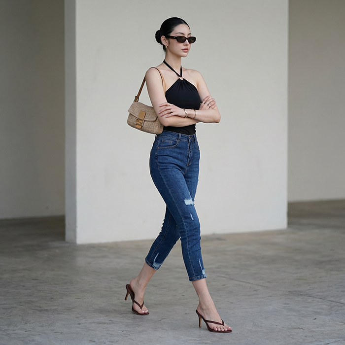 Quần jean nữ skinny LOREN lửng wash rách ống B51043