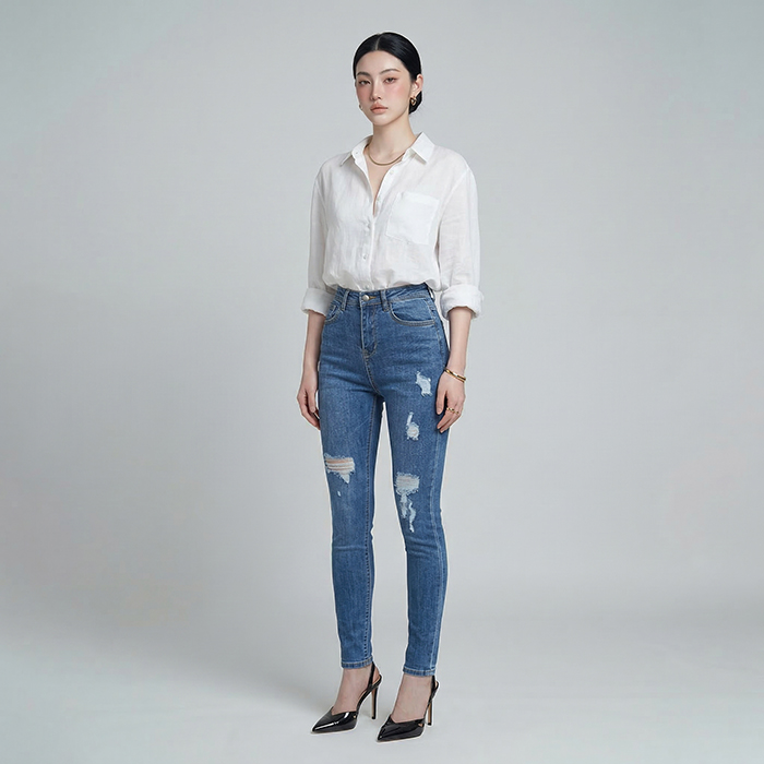 Quần jean nữ skinny LOREN wash rách gối B51045