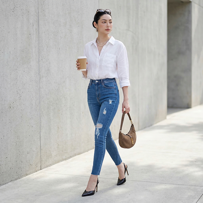 Quần jean nữ skinny LOREN wash rách gối B51045