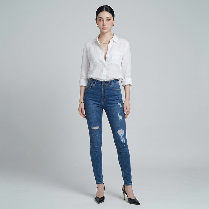 Quần jean nữ skinny LOREN wash rách gối B51045