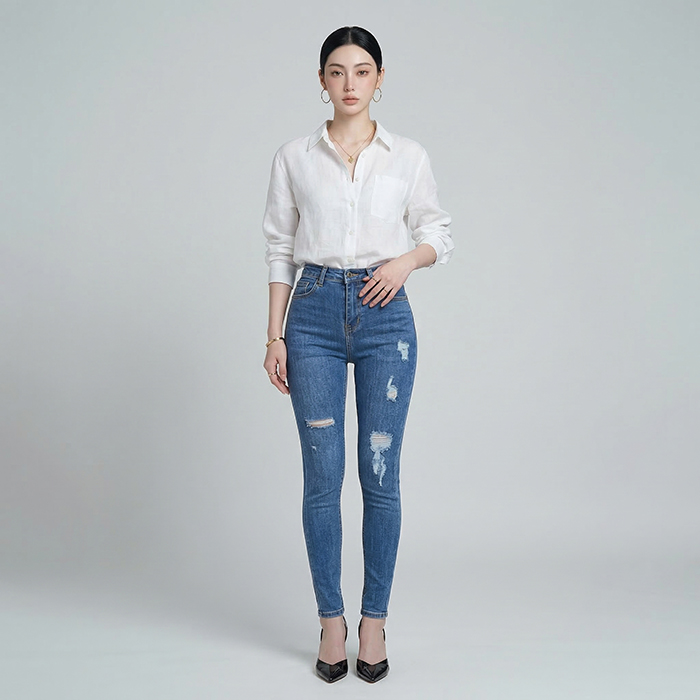 Quần jean nữ skinny LOREN wash rách gối B51045