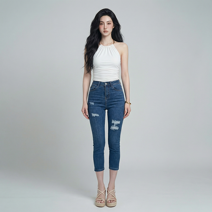 Quần jean nữ skinny LOREN lửng rách gối B51051