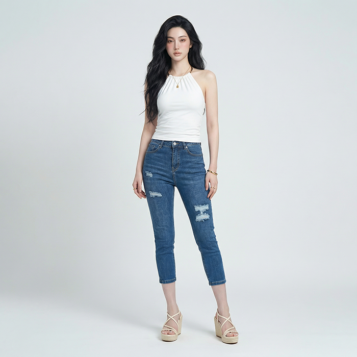 Quần jean nữ skinny LOREN lửng rách gối B51051