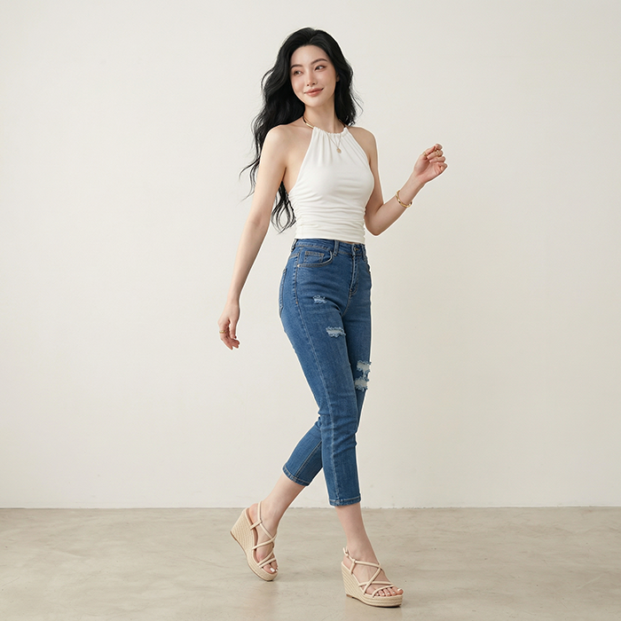 Quần jean nữ skinny LOREN lửng rách gối B51051