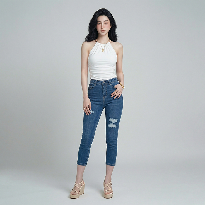 Quần jean nữ skinny LOREN lửng rách gối B51051
