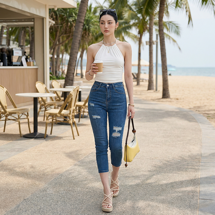 Quần jean nữ skinny LOREN lửng rách gối B51051