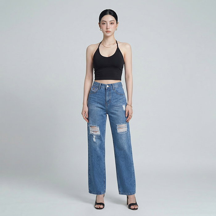 Quần jean nữ LOREN ống rộng rách B51061