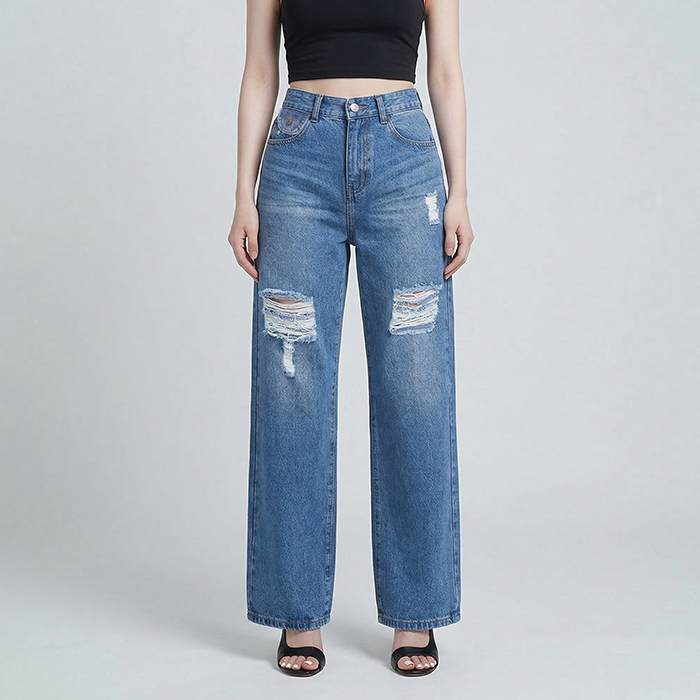 Quần jean nữ LOREN ống rộng rách B51061