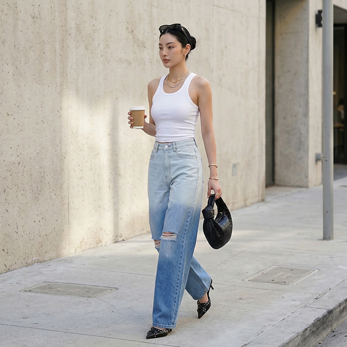 Quần jean nữ LOREN ống rộng wash B51062