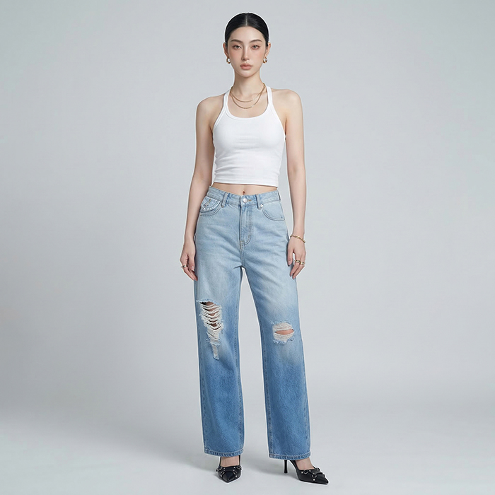Quần jean nữ LOREN ống rộng wash B51062