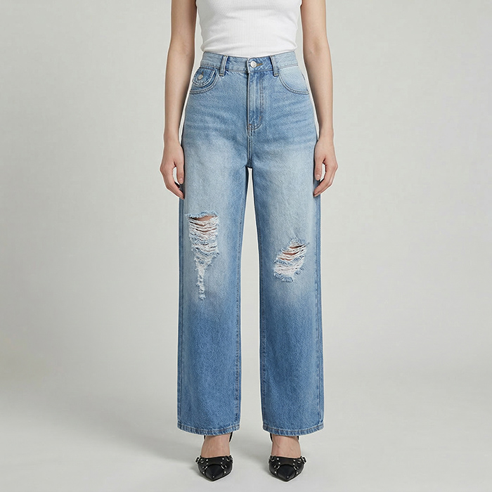 Quần jean nữ LOREN ống rộng wash B51062
