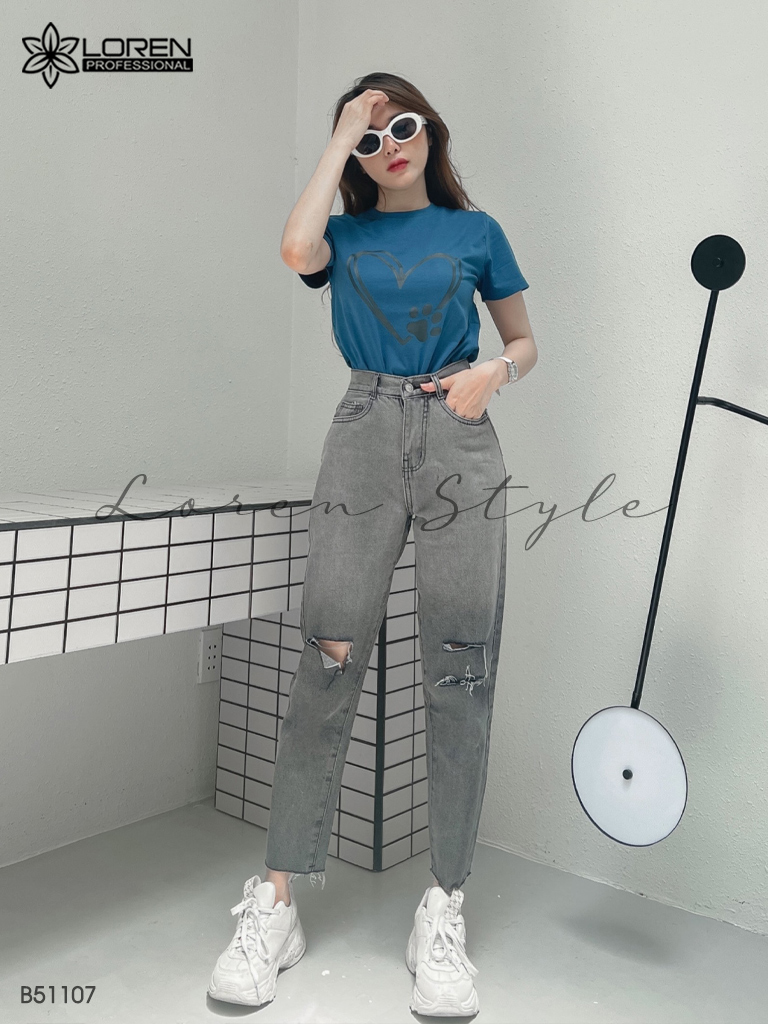 Quần jean baggy nữ LOREN wash rách B51107