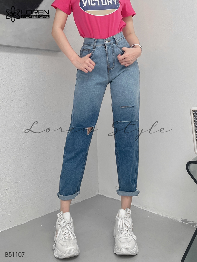 Quần jean baggy nữ LOREN wash rách B51107