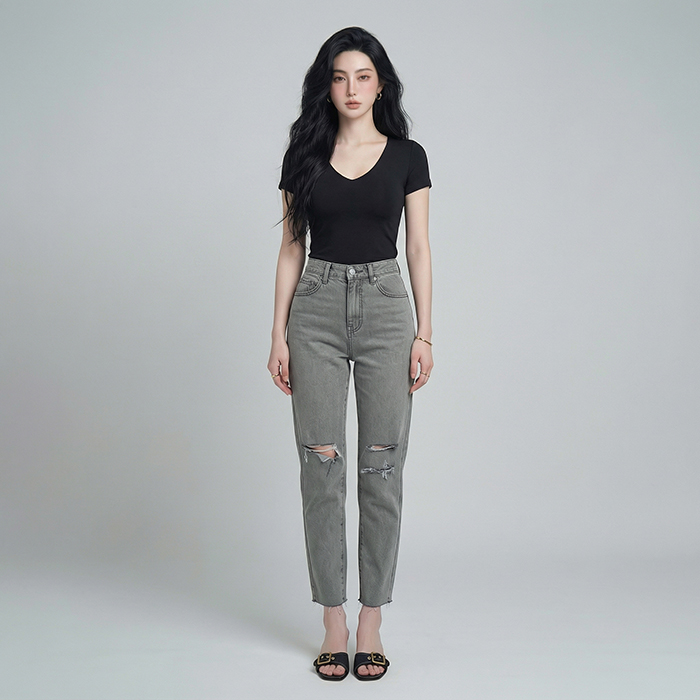 Quần jean baggy nữ LOREN wash rách B51107