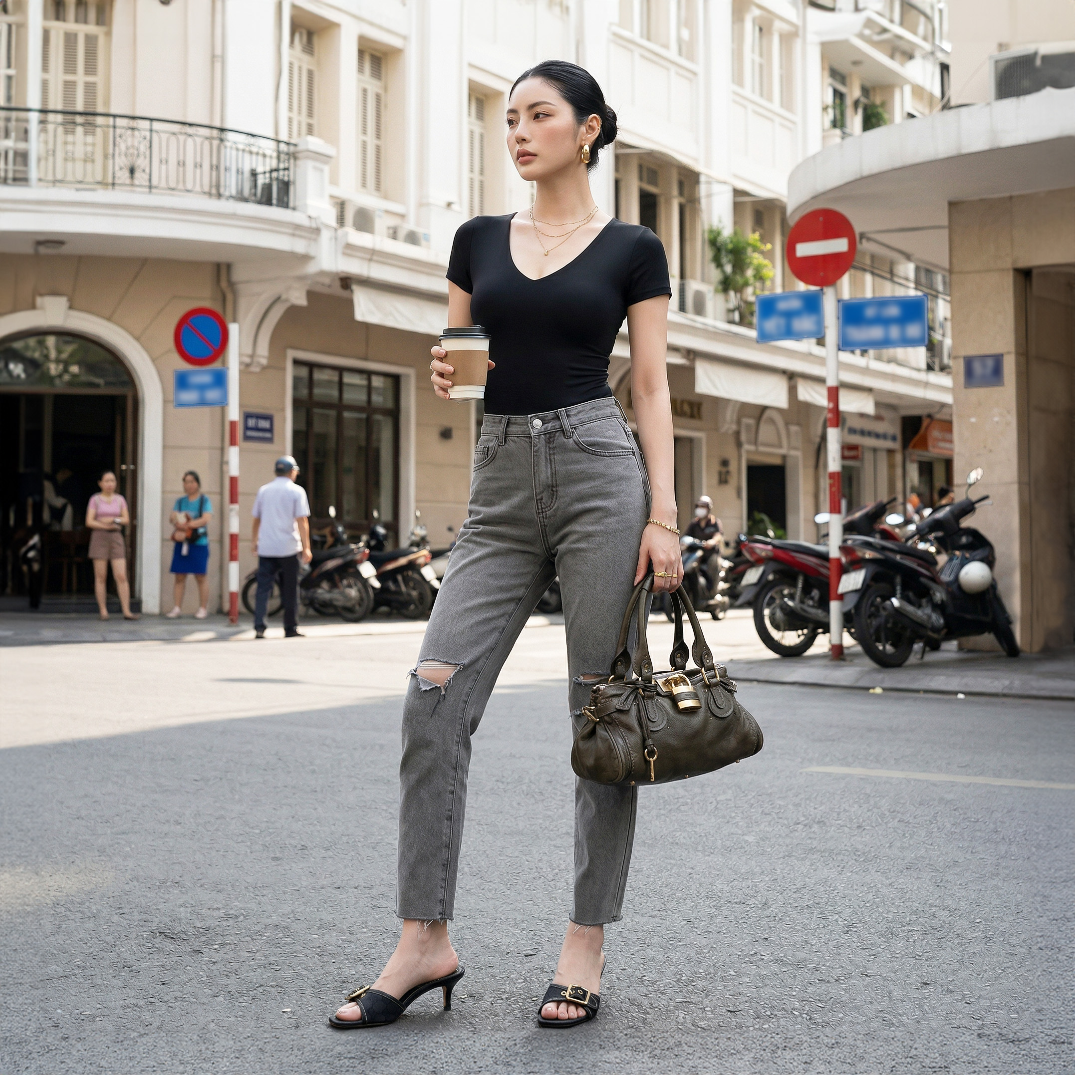 Quần jean baggy nữ LOREN wash rách B51107