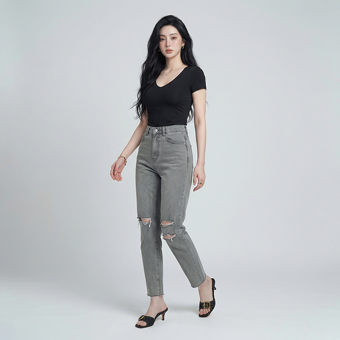 Quần jean baggy nữ LOREN wash rách B51107