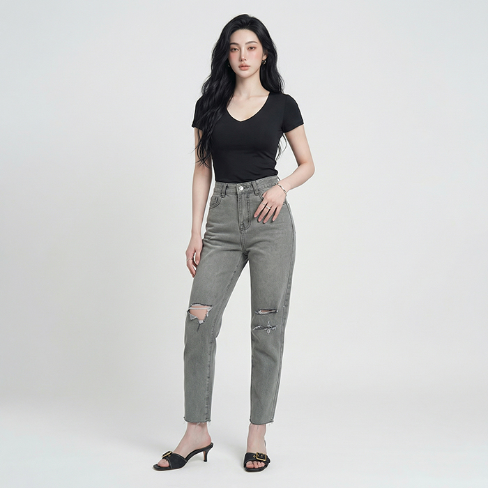 Quần jean baggy nữ LOREN wash rách B51107