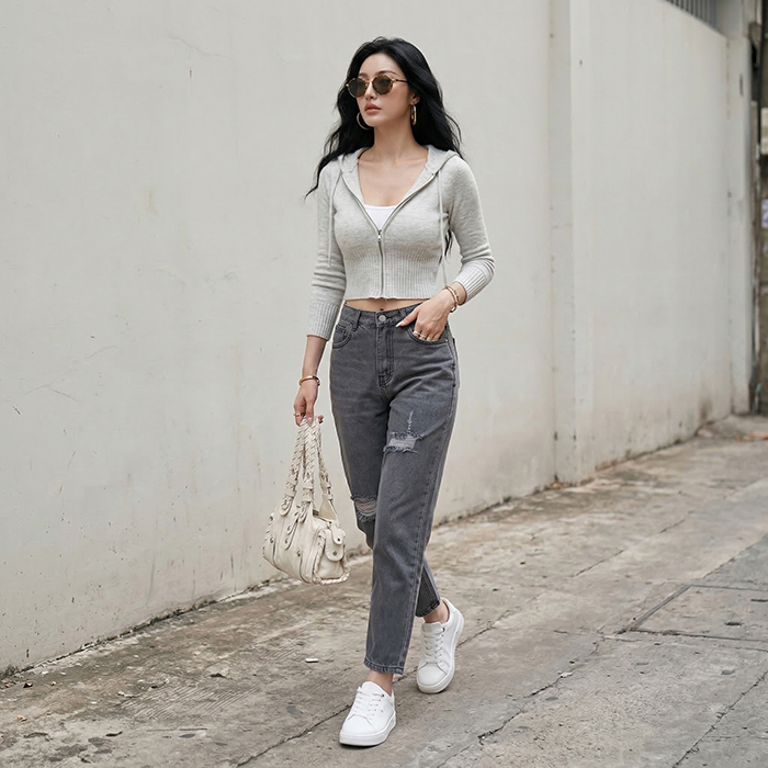 Quần jean baggy LOREN rách xám B5193