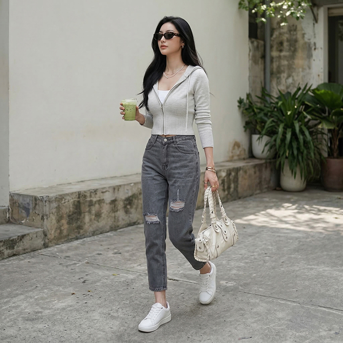 Quần jean baggy LOREN rách xám B5193