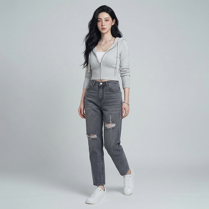 Quần jean baggy LOREN rách xám B5193