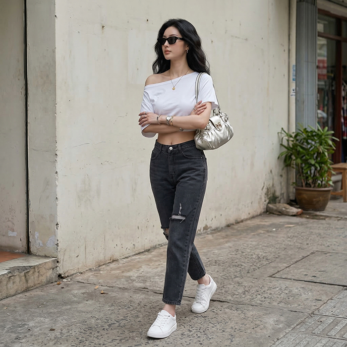 Quần jean baggy LOREN rách đen B5194
