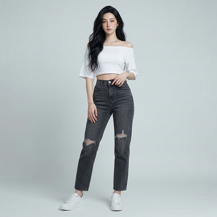 Quần jean baggy LOREN rách đen B5194