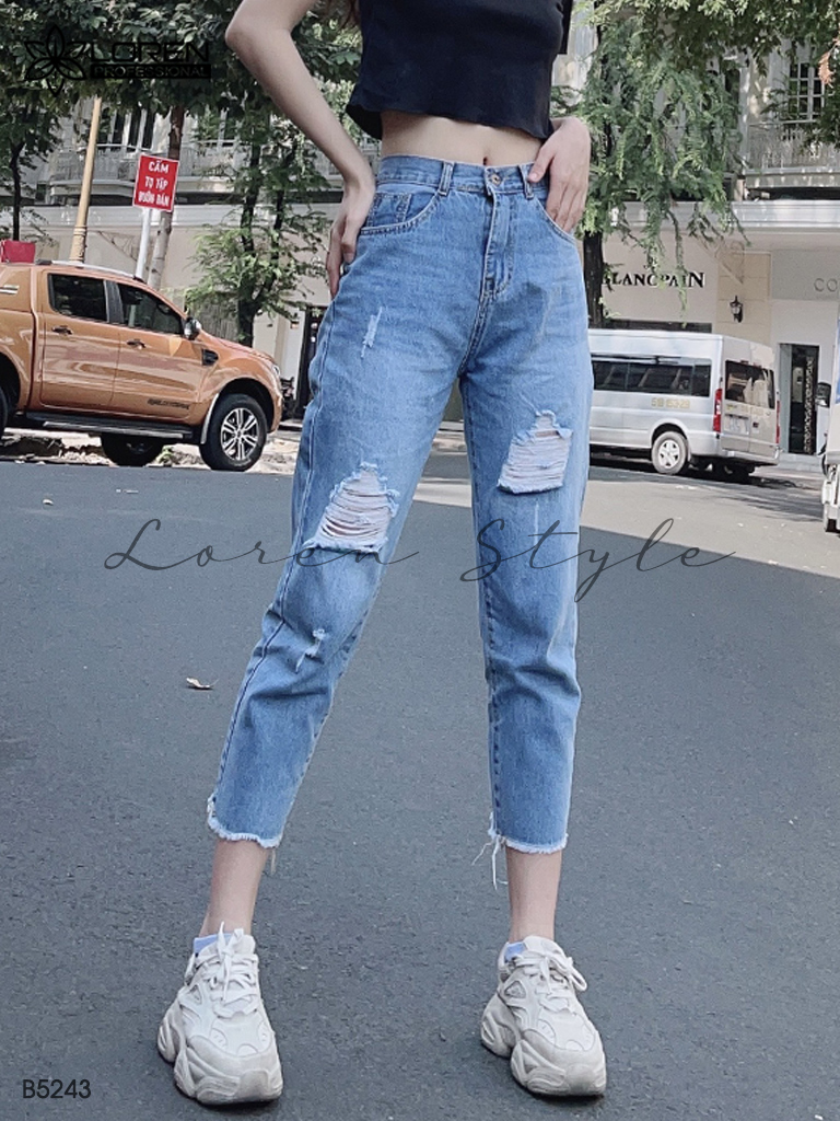 Quần jean baggy LOREN rách tua xanh B5243