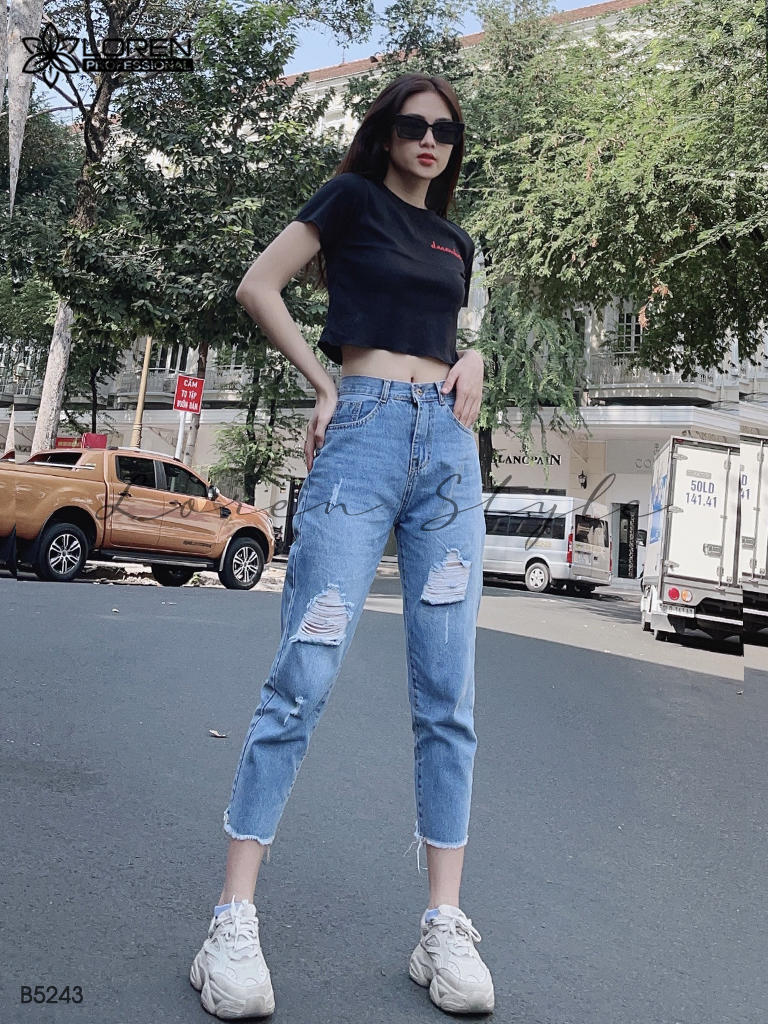 Quần jean baggy LOREN rách tua xanh B5243