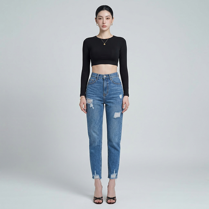 Quần jean baggy LOREN rách tua xanh B5389