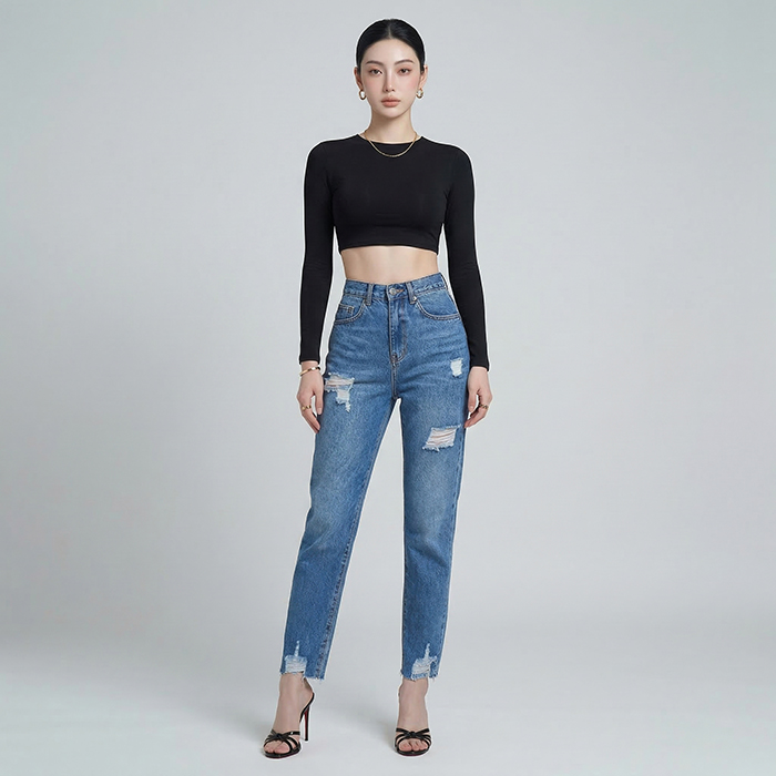 Quần jean baggy LOREN rách tua xanh B5389
