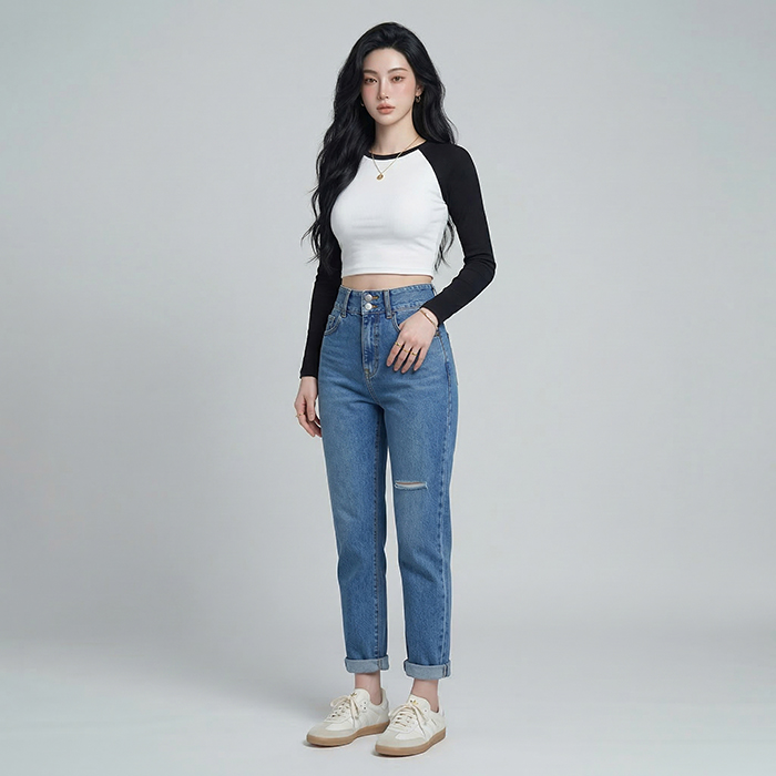 Quần jean baggy LOREN rách tua xanh B5390