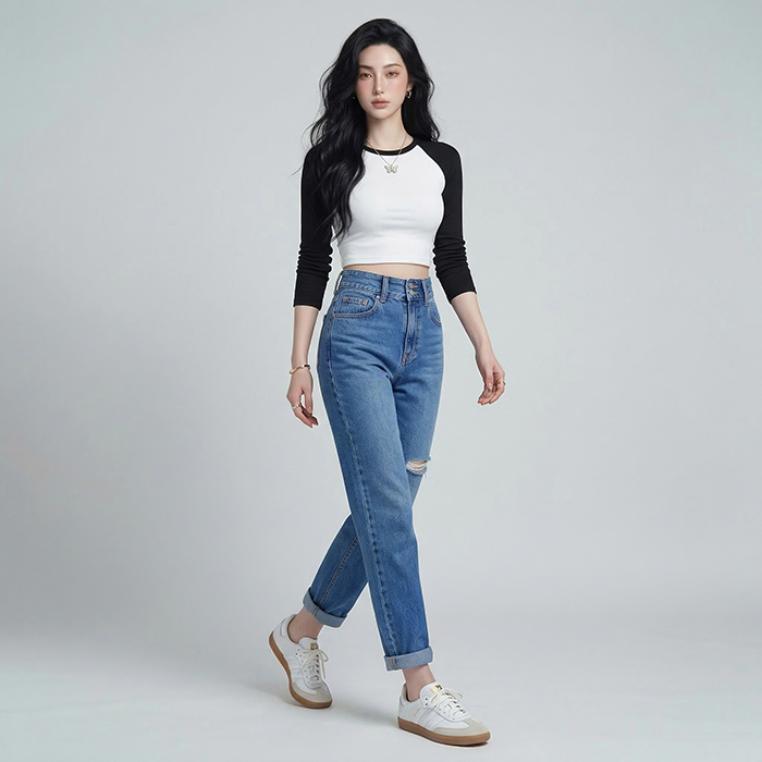 Quần jean baggy LOREN rách tua xanh B5390