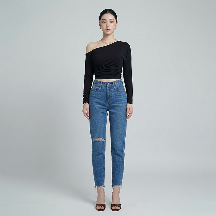 Quần jean baggy LOREN rách tua xanh B5391