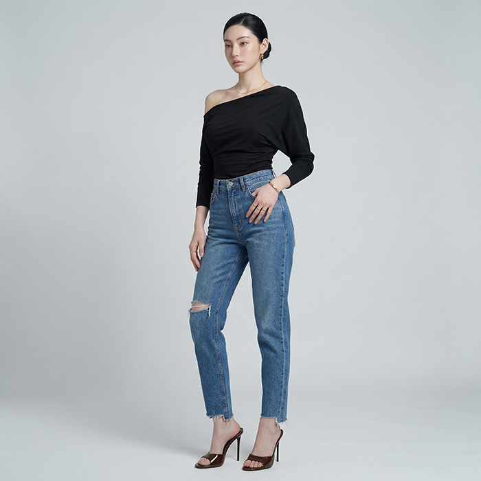 Quần jean baggy LOREN rách tua xanh B5391