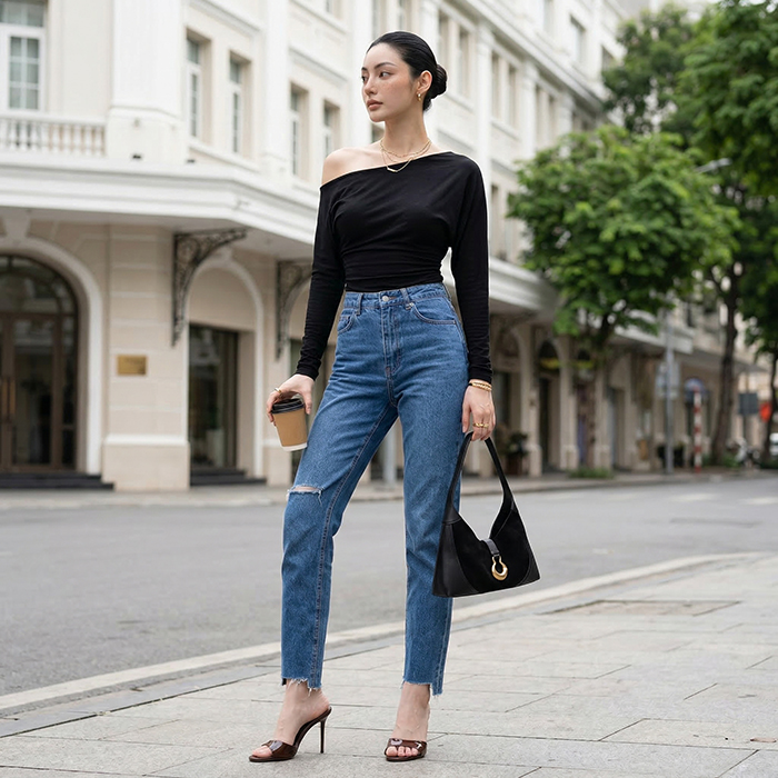 Quần jean baggy LOREN rách tua xanh B5391