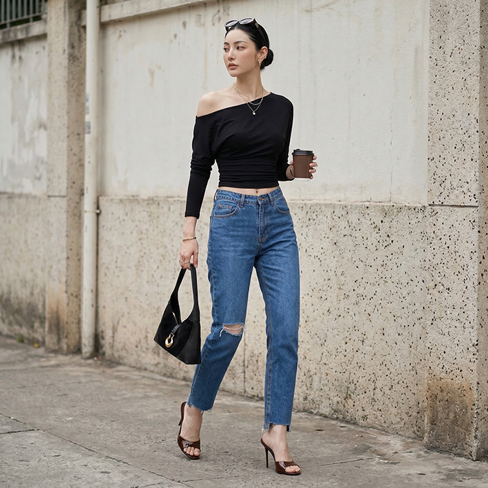 Quần jean baggy LOREN rách tua xanh B5391
