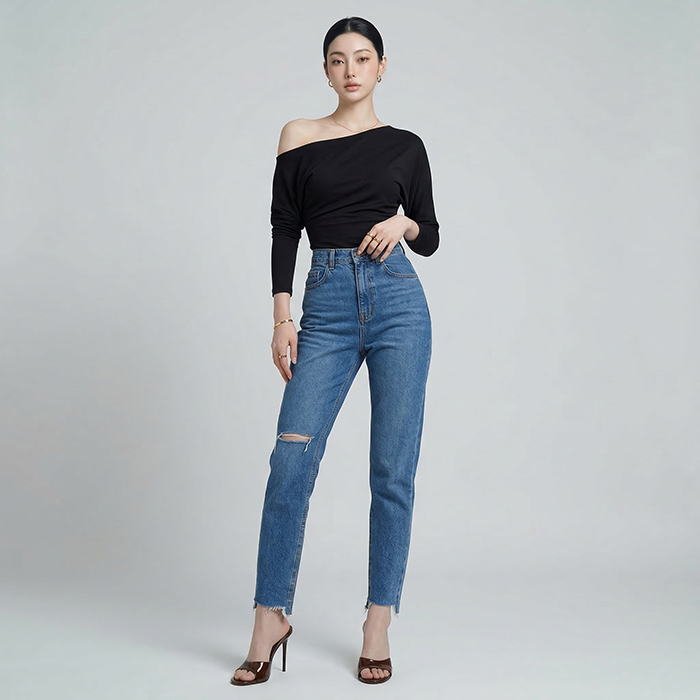 Quần jean baggy LOREN rách tua xanh B5391