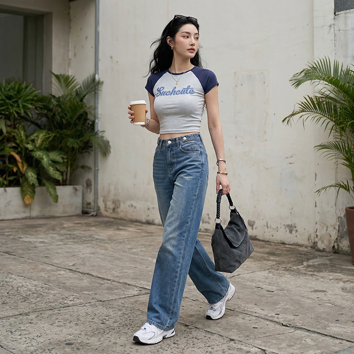 Quần jean ống rộng LOREN trơn xanh B5422