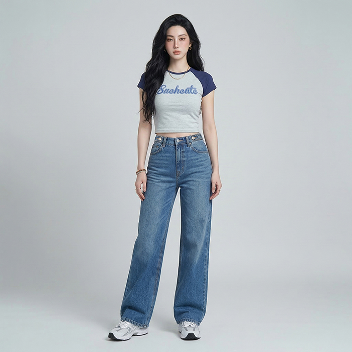 Quần jean ống rộng LOREN trơn xanh B5422