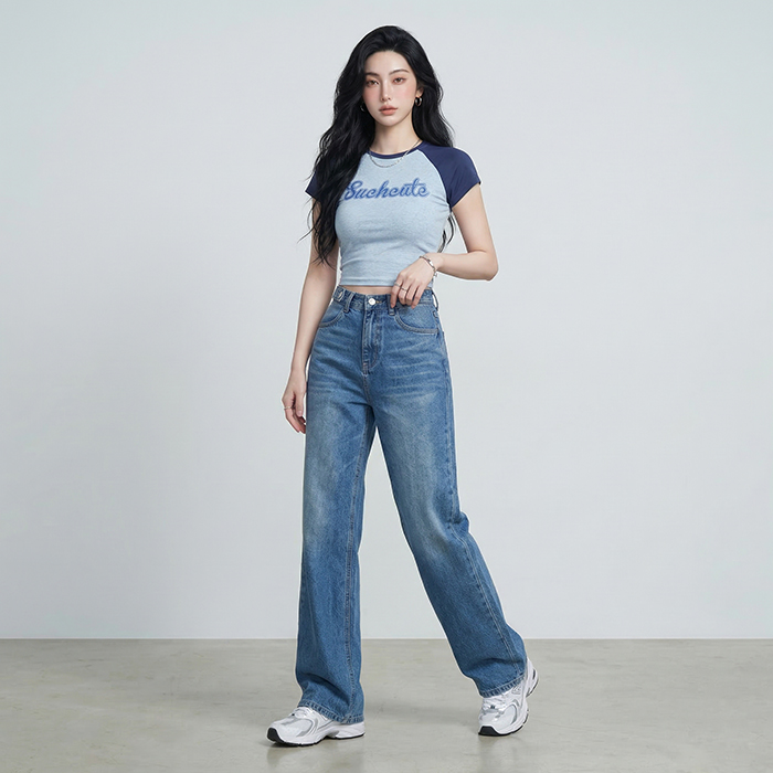 Quần jean ống rộng LOREN trơn xanh B5422