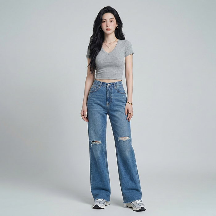 Quần jean ống rộng LOREN rách tua xanh B5425