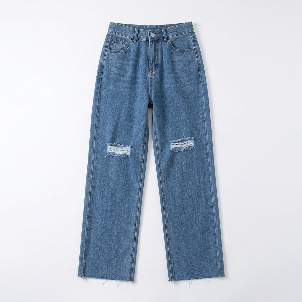 Quần jean ống rộng LOREN rách tua xanh B5425
