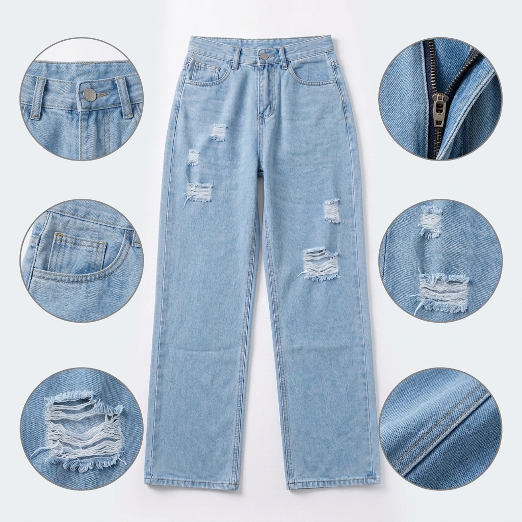 Quần jean ống rộng LOREN rách gối xanh B5431